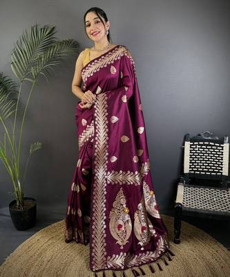 Plum silk blend meenakari zari weaving banarasi saree 1