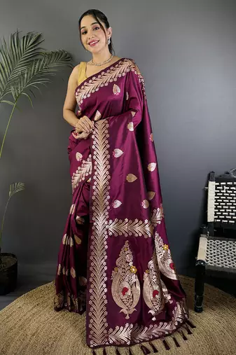 Plum silk blend meenakari zari weaving banarasi saree