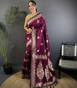 Plum silk blend meenakari zari weaving banarasi saree