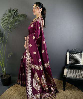 Plum silk blend meenakari zari weaving banarasi saree 2