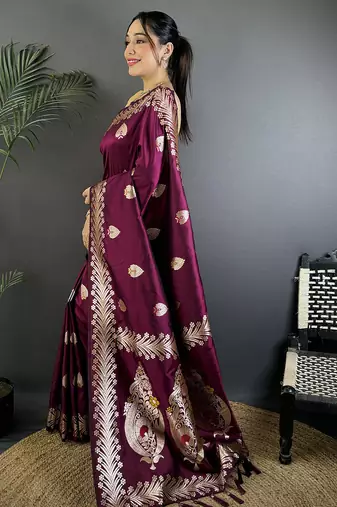 Plum silk blend meenakari zari weaving banarasi saree