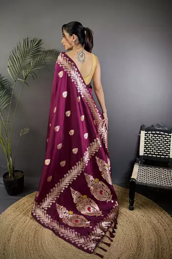 Plum silk blend meenakari zari weaving banarasi saree