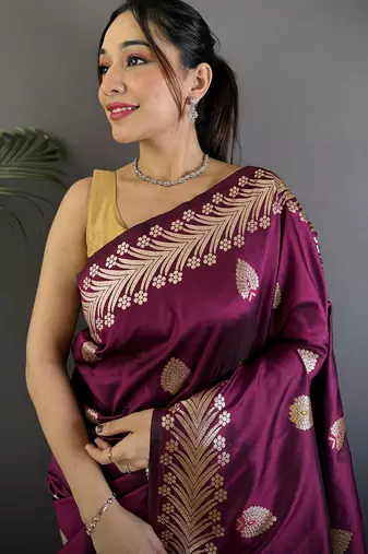 Plum silk blend meenakari zari weaving banarasi saree
