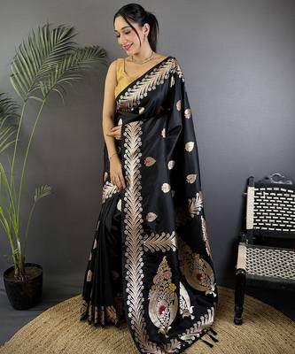 Black silk blend meenakari zari weaving banarasi saree 1
