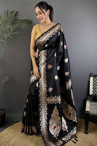 Black silk blend meenakari zari weaving banarasi saree