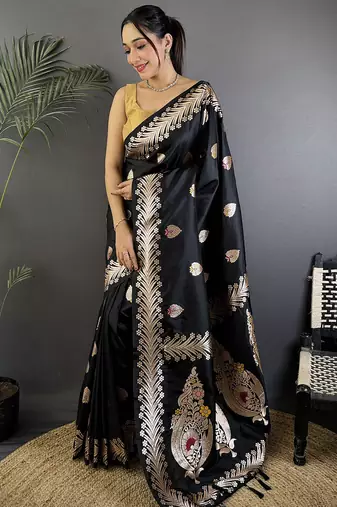 Black silk blend meenakari zari weaving banarasi saree