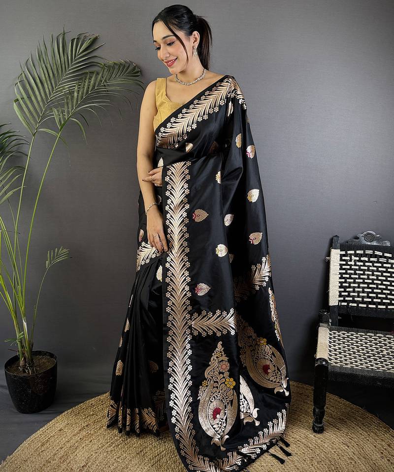Black silk blend meenakari zari weaving banarasi saree