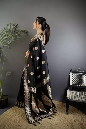 Black silk blend meenakari zari weaving banarasi saree