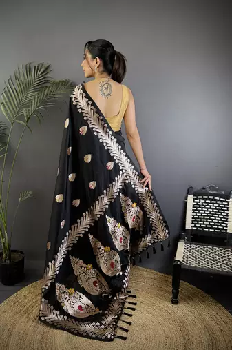 Black silk blend meenakari zari weaving banarasi saree