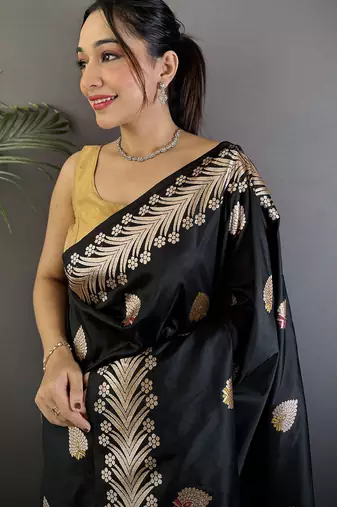 Black silk blend meenakari zari weaving banarasi saree