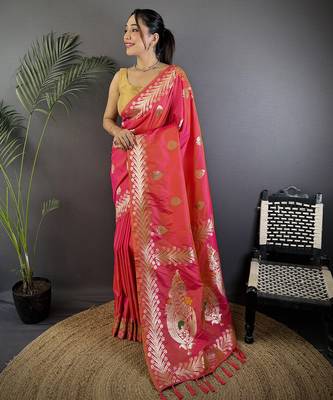 Pink silk blend meenakari zari weaving banarasi saree 1