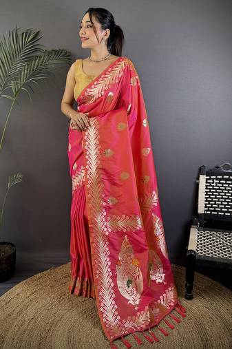 Pink silk blend meenakari zari weaving banarasi saree