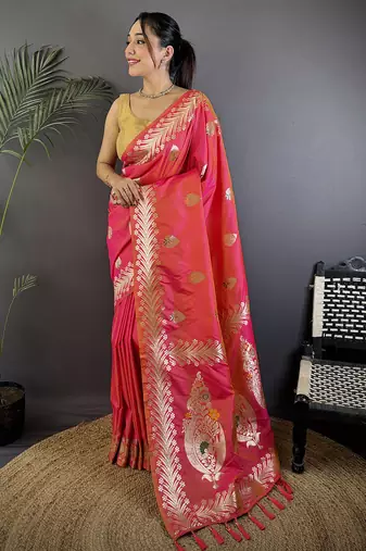 Pink silk blend meenakari zari weaving banarasi saree