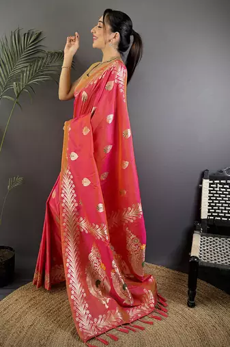 Pink silk blend meenakari zari weaving banarasi saree