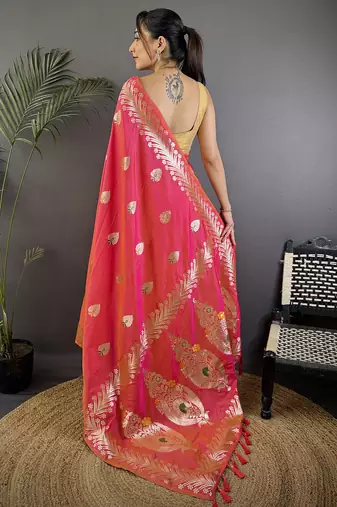 Pink silk blend meenakari zari weaving banarasi saree