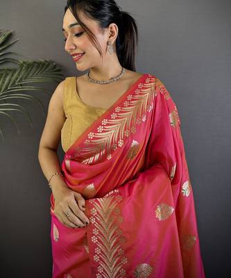 Pink silk blend meenakari zari weaving banarasi saree 4