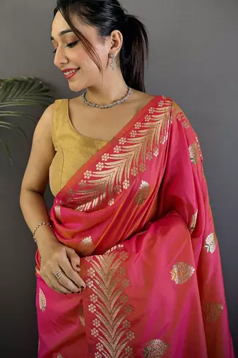 Pink silk blend meenakari zari weaving banarasi saree