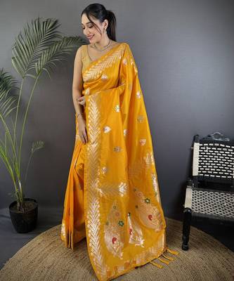 Orange silk blend meenakari zari weaving banarasi saree 1