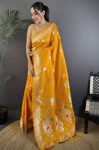 Orange silk blend meenakari zari weaving banarasi saree