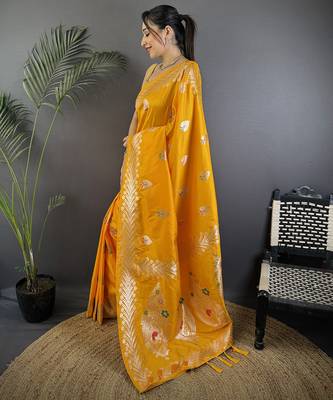 Orange silk blend meenakari zari weaving banarasi saree 2