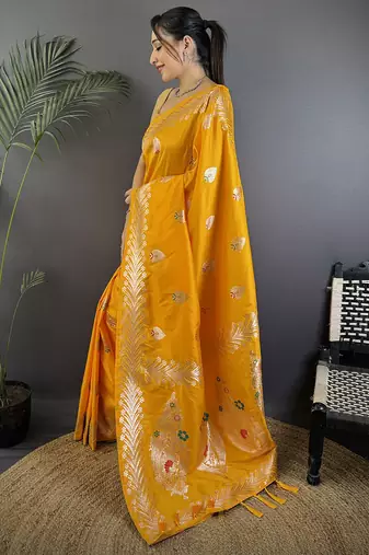 Orange silk blend meenakari zari weaving banarasi saree