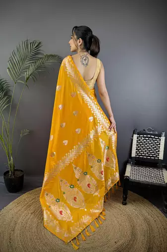 Orange silk blend meenakari zari weaving banarasi saree