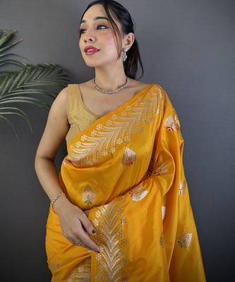 Orange silk blend meenakari zari weaving banarasi saree 4
