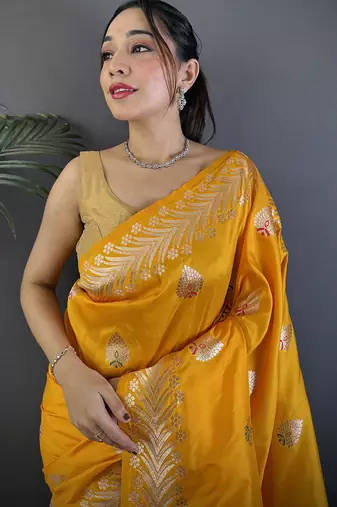 Orange silk blend meenakari zari weaving banarasi saree