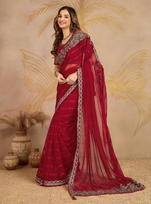 Red chiffon embroidered saree with blouse piece 6