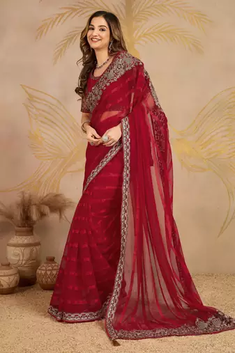 Trendmalls Red chiffon embroidered saree with blouse piece