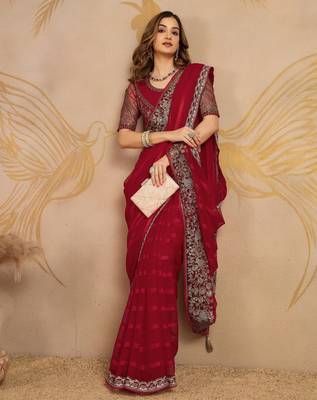 Red chiffon embroidered saree with blouse piece 7
