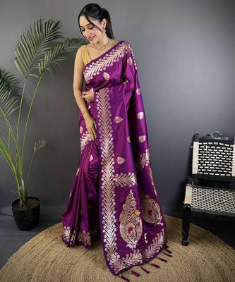 Purple silk blend meenakari zari weaving banarasi saree 1