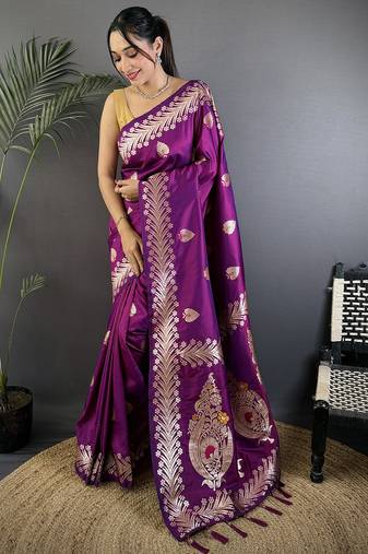Purple silk blend meenakari zari weaving banarasi saree