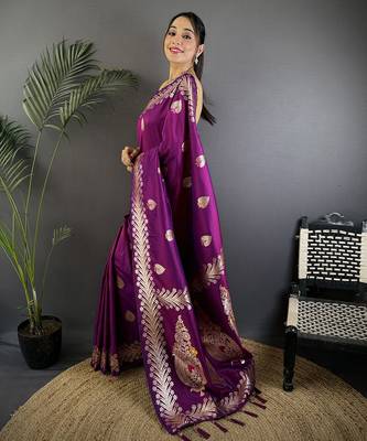Purple silk blend meenakari zari weaving banarasi saree 2