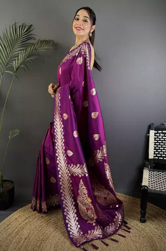 Purple silk blend meenakari zari weaving banarasi saree