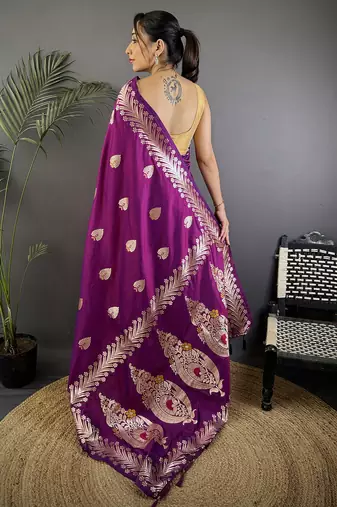 Purple silk blend meenakari zari weaving banarasi saree
