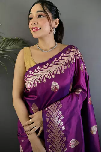 Purple silk blend meenakari zari weaving banarasi saree