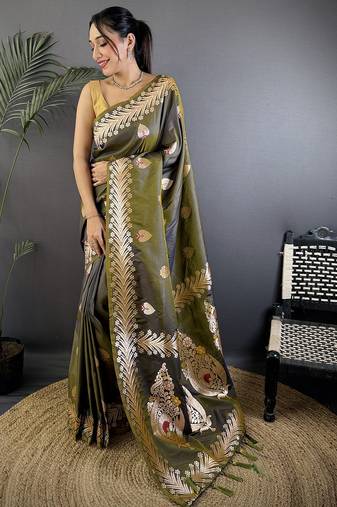 Mahendi green silk blend meenakari zari weaving banarasi saree