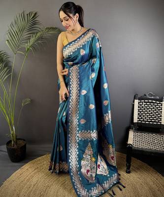 Sea blue silk blend meenakari zari weaving banarasi saree 1