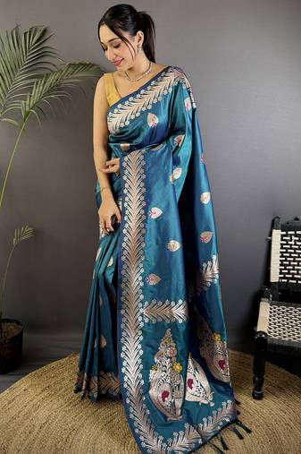 Sea blue silk blend meenakari zari weaving banarasi saree