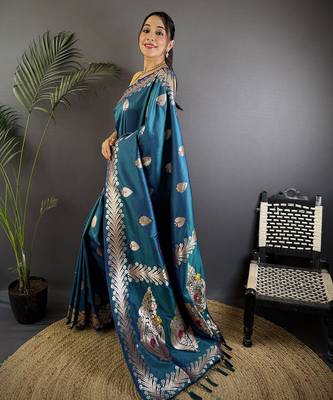 Sea blue silk blend meenakari zari weaving banarasi saree 2