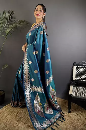 Sea blue silk blend meenakari zari weaving banarasi saree