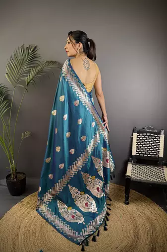 Sea blue silk blend meenakari zari weaving banarasi saree