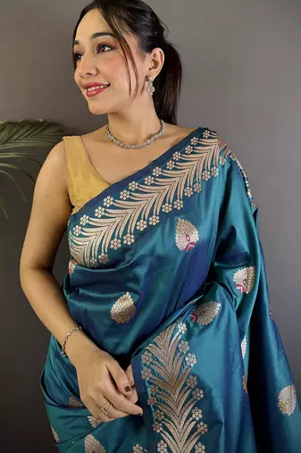 Sea blue silk blend meenakari zari weaving banarasi saree