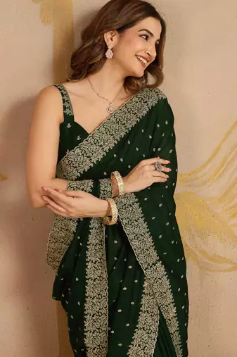 Trendmalls Green Art Silk Embroidery Saree with Unstitched Blouse 