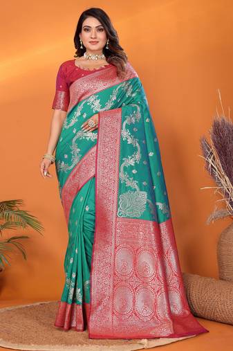 Pine green silk blend woven zari weaving banarasi saree with contrast weaving border