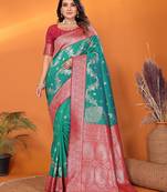 Pine green silk blend woven zari weaving banarasi saree with contrast weaving border