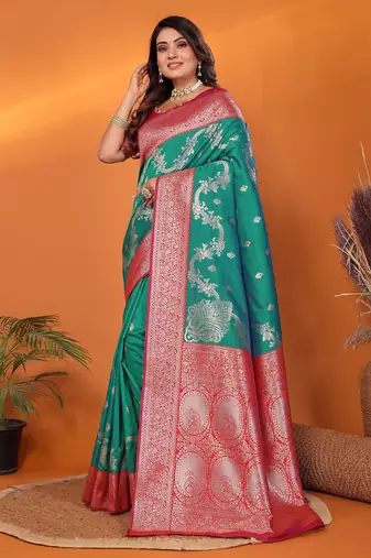 Pine green silk blend woven zari weaving banarasi saree with contrast weaving border