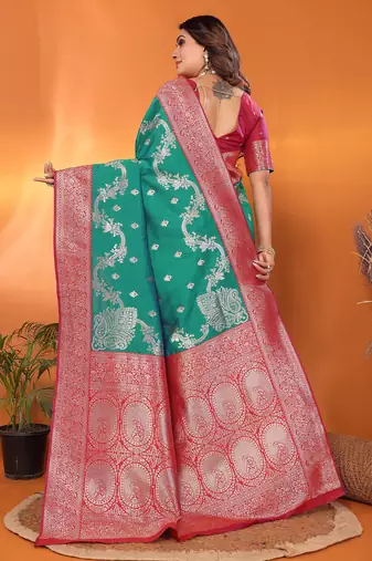 Pine green silk blend woven zari weaving banarasi saree with contrast weaving border