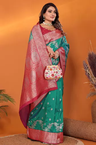 Pine green silk blend woven zari weaving banarasi saree with contrast weaving border